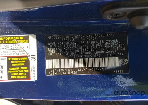 2008 Toyota Camry Le z USA, uszkodzony, nr VIN 4T1BE46K78U229947